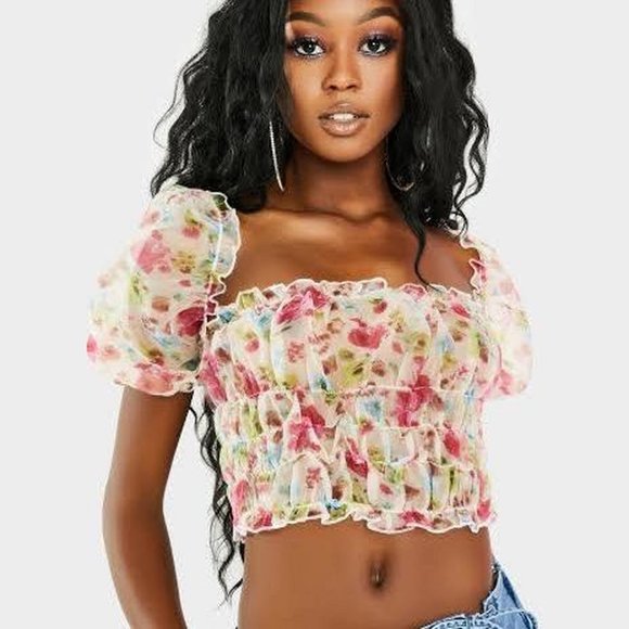 SOLD! SNDYS the Label Bright Lights Floral Puff Crop Top - Picture 4 of 4